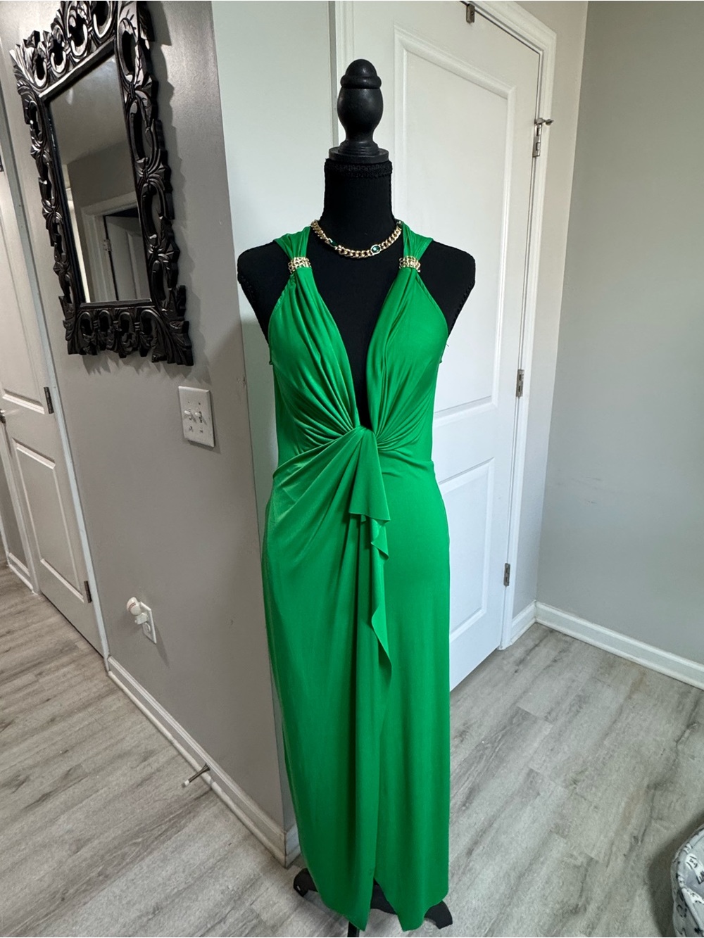 Zara Green Knot-Front Maxi Dress with Gold Chain Straps